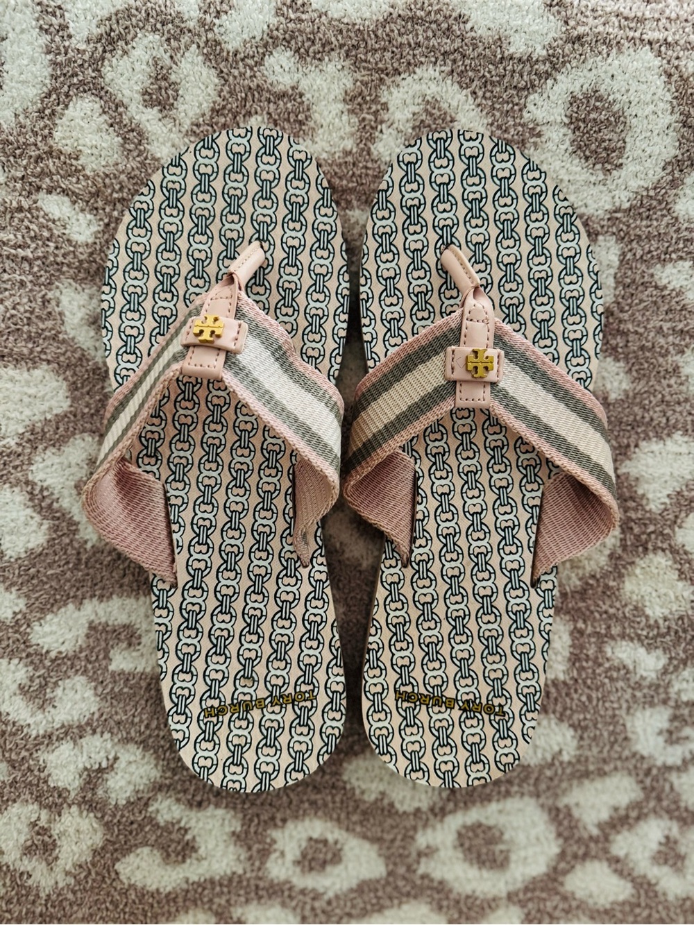 Tory Burch Pink Striped Logo-Print Thong Sandals